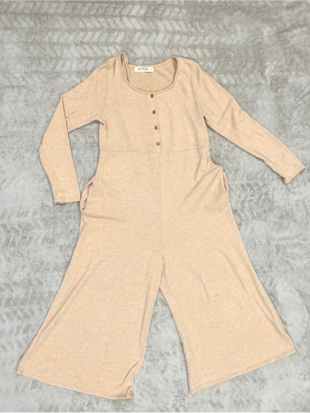 Three Bird Nest Cream Tan Ribbed Boho Wide Leg Jumpsuit Pocket Size M